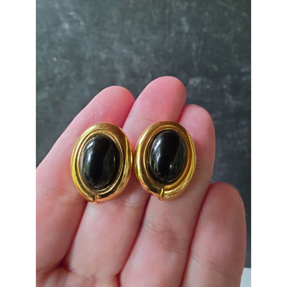 Monet Black Gold Tone Metal Oval Shaped Pierced Earrings Vintage Costume Jewelry